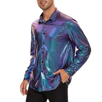 Mens Disco Shirt Outfit Retro 70s Shirts for Men 80s Sequin Glitter Long Sleeve Button Down 70s Disco Outfits for Men Metallic Disco Costume Party Nightclub Halloween Prom Bule & Purple Shirt Large