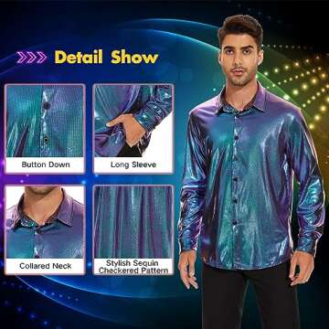 Mens Disco Shirt Outfit Retro 70s Shirts for Men 80s Sequin Glitter Long Sleeve Button Down 70s Disco Outfits for Men Metallic Disco Costume Party Nightclub Halloween Prom Bule & Purple Shirt Large