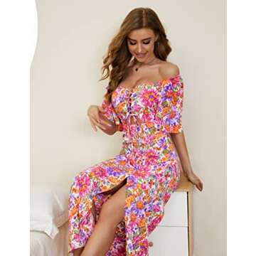 Womens midi dress floral dress ruffle sleeve bohemian dress short bell sleeve birthday western hawaiian flowy cut out swing shift square neck casual beach high slit vacation reformation tropical pink