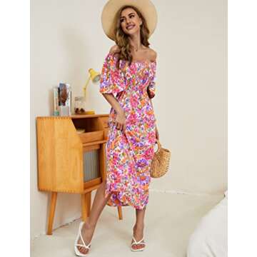 Womens midi dress floral dress ruffle sleeve bohemian dress short bell sleeve birthday western hawaiian flowy cut out swing shift square neck casual beach high slit vacation reformation tropical pink