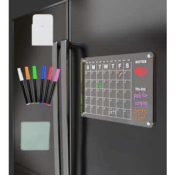 Acrylic Magnetic Calendar for Fridge 16”x12” Clear Dry Erase Calendar Board Reusable Monthly Planner Includes 4 Magnetic Color Dry Erase Markers with Magnetic Marker Holder