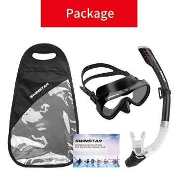 SwimStar Snorkel Set for Women and Men, Anti Fog Tempered Glass Snorkel Mask for Snorkeling, Swimming and Scuba Diving, Anti Leak Dry Top Snorkel Gear Panoramic Silicone Goggle No Leak Black