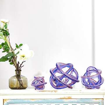 Luxury Lane Hand Blown Infinity Knot Sommerso Art Orbit Glass Ball for Home Decor 6 inch Tall Centerpiece Table Decoration Ombre Purple