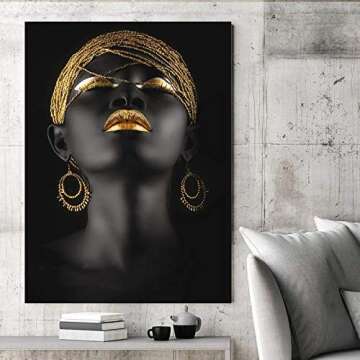 Wall Art Abstract Poster Painting Golden Fashion Black Sexy Women African American Original Designed Pop Gold Earrings Necklace Pretty Girl Style Painting on Canvas with Frame for Home Decorations