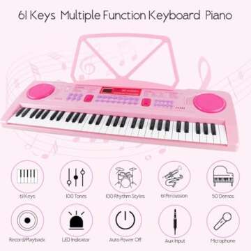 WOSTOO Kids Keyboard Piano, Portable 61 Keys Keyboard Electronic Digital Piano, Early Learning Educational Musical Piano Toy Keyboard for Beginners with Music Stand, Microphone (Pink) ﻿