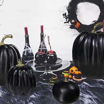 Winlyn 7 Pcs Assorted Artificial Black Pumpkins Halloween Pumpkins Faux Rustic Decorative Foam Pumpkins for Fall Halloween Thanksgiving Tabletop Centerpiece Mantel Kitchen Decor