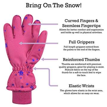 N'Ice Caps Kids Waterproof Winter Thinsulate Warm Gloves (Fuchsia Snowflakes, 5-6 Years)