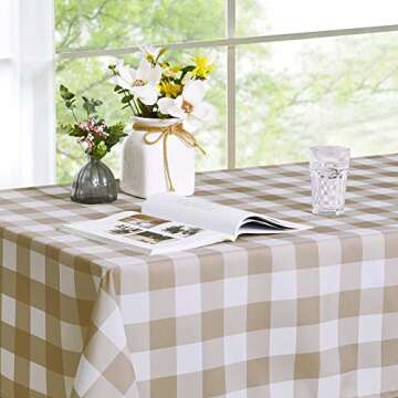 RYB HOME Buffalo Check Table Cloth Water Resistant Wrinkle Free Grid Gingham Washable Tablecover for Family Dinners Special Occasions Daily Use, 60 x 84 Inch, Taupe Checkered