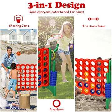 Costzon Giant 4-in-A-Row, Jumbo 4-to-Score Giant Game w/Basketball Hoop, Ring Toss, Quick-Release Slider, 42 Jumbo Rings, Indoor Outdoor Family Connect Game for Kids & Adults, Backyard Games, Green