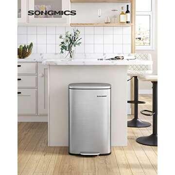 SONGMICS 13 Gallon (50 L) Trash Can, Stainless Steel Kitchen Garbage Can, Recycling or Waste Bin, Soft Close, Step-On Pedal, Removable Inner Bucket, Silver ULTB050E01