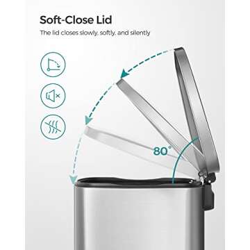 SONGMICS 13 Gallon (50 L) Trash Can, Stainless Steel Kitchen Garbage Can, Recycling or Waste Bin, Soft Close, Step-On Pedal, Removable Inner Bucket, Silver ULTB050E01