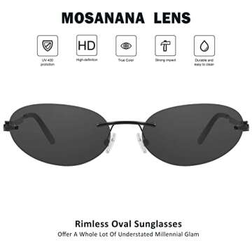 mosanana Y2k Oval Sunglasses for Women Black Small Trendy Cool Cute Funky Fashion Vintage Stylish 90s Thin Skinny Neo Matrix Rimless Hacker