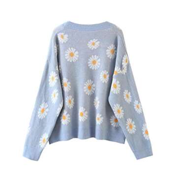 Women Y2K Floral Print Knit Cardigan Sweater Long Sleeve V Neck Button Down Sweater Vintage Aesthetic 90s Outerwear Tops (Blue, OneSize)