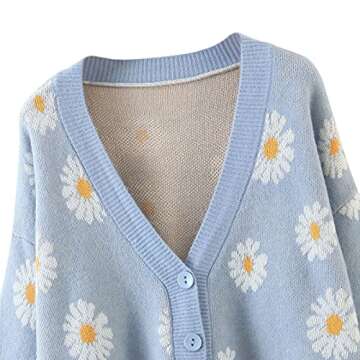 Women Y2K Floral Print Knit Cardigan Sweater Long Sleeve V Neck Button Down Sweater Vintage Aesthetic 90s Outerwear Tops (Blue, OneSize)