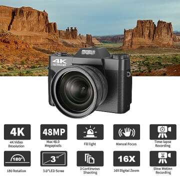 Digital Camera, 4K Vlogging Camera for YouTube 56MP 16X Digital Zoom Manual Focus Students Compact Photography Camera with 52mm Wide-Angle & Macro Lens, 32G TF Card and 2 Batteries(Black)