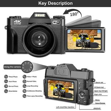 Digital Camera, 4K Vlogging Camera for YouTube 56MP 16X Digital Zoom Manual Focus Students Compact Photography Camera with 52mm Wide-Angle & Macro Lens, 32G TF Card and 2 Batteries(Black)