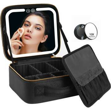 Travel Makeup Bag with LED Lighted Make up Case with Mirror 3 Color Setting Cosmetic Makeup Box Organizer Vanity Case for Women Beauty Tools Accessories Case Rechargeable