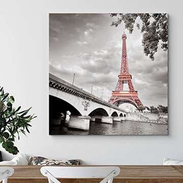 wall26 Canvas Print Wall Art Pop of Color Red Eiffel Tower in Paris Architecture & Maps Cities Photography Realism Chic Scenic Relax/Calm Multicolor for Living Room, Bedroom, Office - 16"x16"