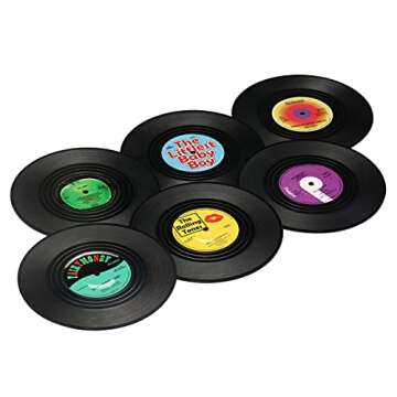 MECOWON Vinyl Record Coasters with Record Player Holder - 6Packs, Cool Coasters for Music Lovers, Great for Housewarmings, Parties, or Any Music Enthusiast in Your Life.