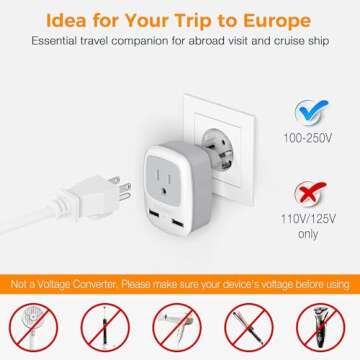 TESSAN European Travel Plug Adapter, Europe Power Plug with 2 USB Ports, Type C Outlet Adaptor Charger for US to Most of Europe EU Iceland Spain Italy France Germany