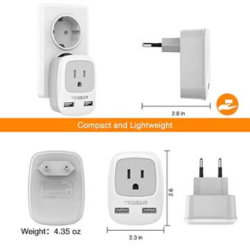 TESSAN European Travel Plug Adapter, Europe Power Plug with 2 USB Ports, Type C Outlet Adaptor Charger for US to Most of Europe EU Iceland Spain Italy France Germany