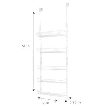 Smart Design Over The Door Adjustable Pantry Organizer Rack w/ 5 Adjustable Shelves - Steel Metal - Hanging - Wall Mount - Cans, Spice, Storage, Closet - Kitchen [White]