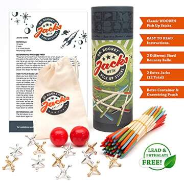 Jacks Game and Wooden Pick Up Sticks Combo Pack. 12 Metal Gold and Silver Jax. 2 Sizes of red high Bounce Balls. 40 Pick Up Sticks. Fun Retro Kids Games and Family Games by Dr. Rocket