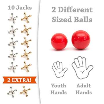 Jacks Game and Wooden Pick Up Sticks Combo Pack. 12 Metal Gold and Silver Jax. 2 Sizes of red high Bounce Balls. 40 Pick Up Sticks. Fun Retro Kids Games and Family Games by Dr. Rocket