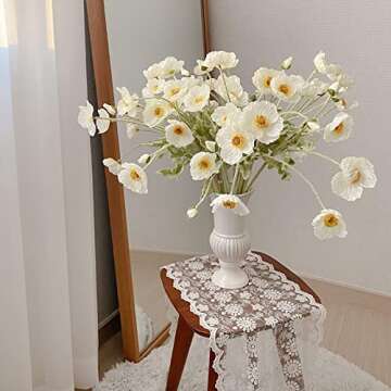 Kamang Artificial Poppy White Silk Flower (3 Stems) for Home Decor and Wedding. Real Touch White Fake Flower. White Flower Wedding Decor Bouquet Floral Arrangements Centerpieces (White)