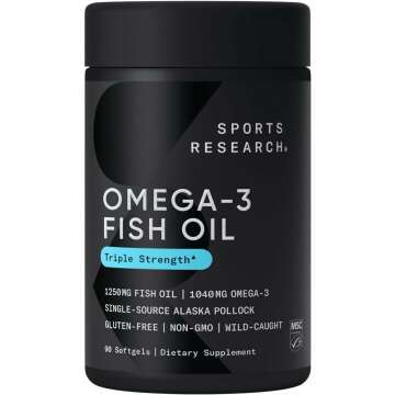 Sports Research Triple Strength Omega 3 Fish Oil - Burpless Fish Oil Supplement w/EPA & DHA Fatty Acids from Single-Source Wild Alaska Pollock - 1250 mg, 90 ct
