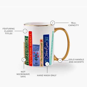 RIFLE PAPER CO. Book Club Mug, for Everyday Use and Gatherings with Unique Designs, for Friends and Family Anytime of the Year, Coffee Tea Enthusiasts and more