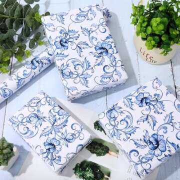 JarThenaAMCS Blue White Floral Wrapping Paper - Mini Roll - 17 In x 32.8 Ft Vintage Watercolor Flower Gift Wrap Paper Chinoiserie DIY Art Craft Paper for Wedding Birthday Party Supplies