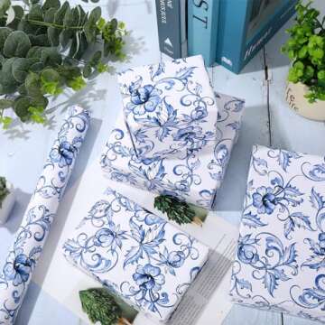 JarThenaAMCS Blue White Floral Wrapping Paper - Mini Roll - 17 In x 32.8 Ft Vintage Watercolor Flower Gift Wrap Paper Chinoiserie DIY Art Craft Paper for Wedding Birthday Party Supplies