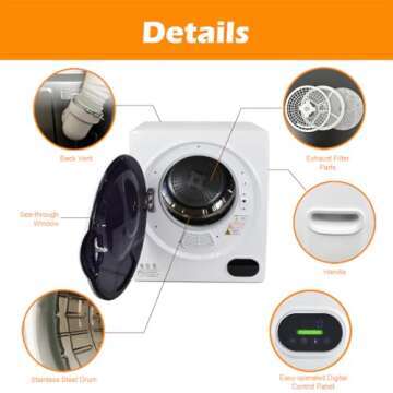 Panda 1.5 cu. ft 110V Compact Dryer, Portable Laundry Dryer with Stainless Steel Drum, LED Digital Control Panel 4 Modes, Front Load Sensor Clothes Dryer in White