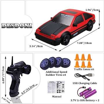 Remote Control Car RC Drift 2.4GHz 1:24 Scale 4WD 15KM/H High Speed Model Vehicle with LED Lights Drifting Tire Racing Sport Toy for Adults Boys Girls Kids Gift 2Pcs Rechargeable Batteries