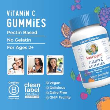 MaryRuth Organics Vegan Vitamin C Gummies | 2 Month Supply | Immune Support Supplement | Adults & Kids Vitamin C | Chewable Vitamin C Gummy Vitamins | Non GMO | Pectin Based | 60 Count