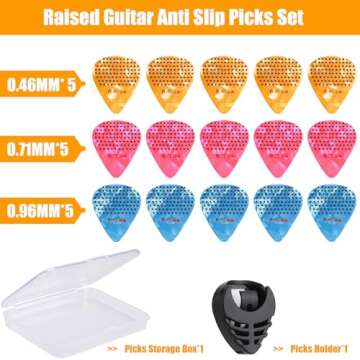 15 Pack Non-slip Guitar Picks, 3 Different Colorful Celluloid Guitar Picks, 0.46 0.71 0.96mm Includes Thin Medium Heavy Thickness with Guitar Picks Holder and Storage Box, for Guitar, Bass