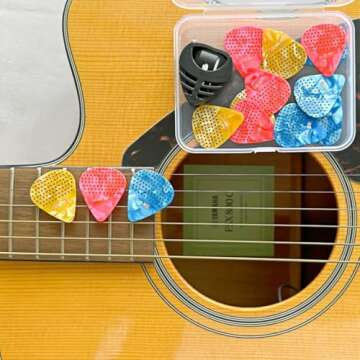 15 Pack Non-slip Guitar Picks, 3 Different Colorful Celluloid Guitar Picks, 0.46 0.71 0.96mm Includes Thin Medium Heavy Thickness with Guitar Picks Holder and Storage Box, for Guitar, Bass