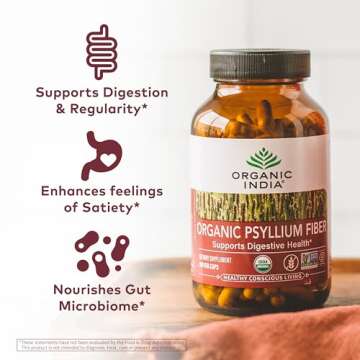 ORGANIC INDIA Psyllium Husk Capsules - Fiber Supplement, Healthy Elimination - Vegan, Keto Friendly, Gluten-Free, USDA Certified Organic, Non-GMO, Soluble & Insoluble Fiber Source - 180 Count