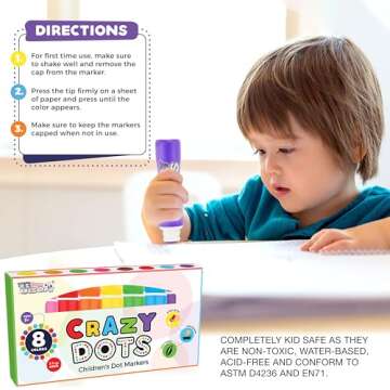 U.S. Art Supply Crazy Dot Markers for Toddlers & Kids 8 Colors - Washable Art Markers Dot Paint Markers Kids Toddler Art Supplies, Easy Grip, Mess-Free, Non-Toxic Bingo Dabbers Painting