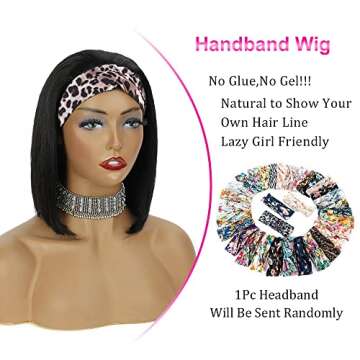 AISI Bob Headband Wig Human Hair Short Straight Headband Wigs Remy Hair Easy Wear and Go Glueless Wigs ​Bob Headband Wigs for Women Black Color(150% Density 12Inch)