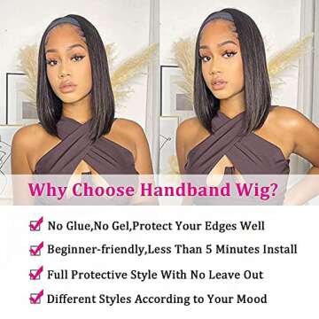 AISI Bob Headband Wig Human Hair Short Straight Headband Wigs Remy Hair Easy Wear and Go Glueless Wigs ​Bob Headband Wigs for Women Black Color(150% Density 12Inch)