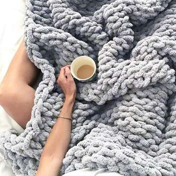 Abound Chunky Knit Blankets - 50"x60", 5 lbs - Chenille Yarn Knitted Crochet Throw Blanket - Cozy Braided Cable Boho Farmhouse Home Decor for Couch, Machine Washable (Purple Grey)