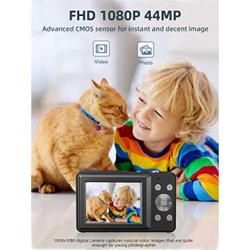 Digital Camera, FHD 1080P Kids Camera 44MP Point and Shoot Digital Cameras with 32GB SD Card, 16X Zoom, Two Batteries, Lanyard, Compact Small Camera for Kids Boys Girls