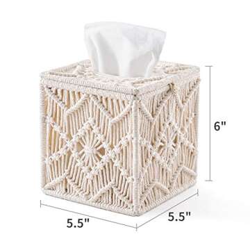 Mkono Tissue Box Cover Boho Decor Square Tissues Holder with Bead Buckle, Woven Macrame Napkin Facial Paper Organizer Home Desk Vanity Countertop Decor for Bathroom Bedroom Living Room Office, Ivory