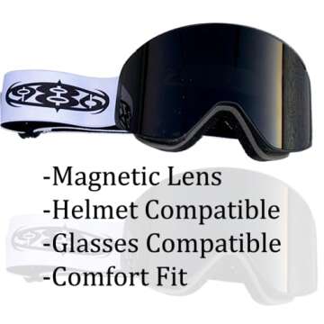 986 SKI AND SNOWBOARD GOGGLES (WHITE STRAP), PRODUCTIONS, ANTI-FOG, MAGNETIC LENS, ONE SIZE FITS ALL, TRENDY/STYLISH, COMFY FIT, SLEEK DESIGN, 100% Polarized Goggles, AFFORDABLE PRICE,