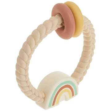 Itzy Ritzy Silicone Teether with Rattle; Rattle Teether Features Rattle Sound, Two Silicone Teething Rings and Raised Texture to Soothe Gums; Ages 3 Months and Up (Neutral Rainbow)