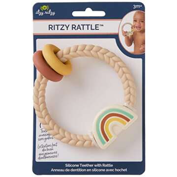 Itzy Ritzy Silicone Teether with Rattle; Rattle Teether Features Rattle Sound, Two Silicone Teething Rings and Raised Texture to Soothe Gums; Ages 3 Months and Up (Neutral Rainbow)