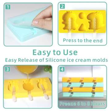 Kids Cartoon Popsicle Molds - 4 Pack, 10-Cavity Food-Grade Silicone Ice Pop Cream Molds, with Reusable Sticks, Non-Stick Flat Design, Easy Release, Stackable for Space Saving