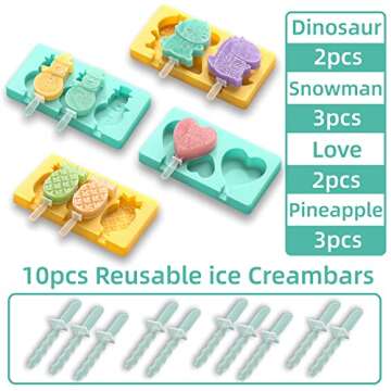 Kids Cartoon Popsicle Molds - 4 Pack, 10-Cavity Food-Grade Silicone Ice Pop Cream Molds, with Reusable Sticks, Non-Stick Flat Design, Easy Release, Stackable for Space Saving